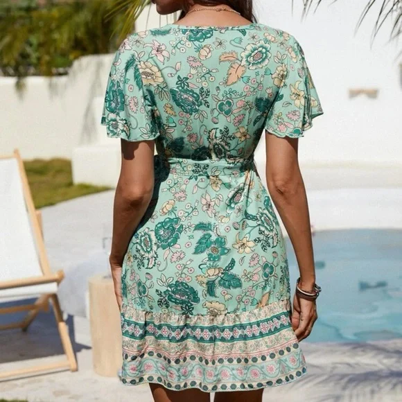 Boho gypsy floral print v neck short sleeve faux wrap belted dress blue - Picture 2 of 2